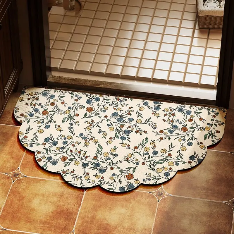 VIKAMA Vintage Floral Scalloped Edge Mat Soft Diatom Mud Non-Slip Bathroom Rug Absorbent Entryway Mat for Home Decor