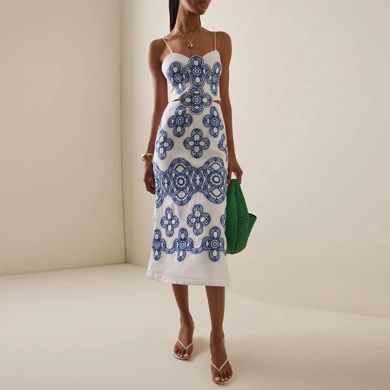 بروتيل بلا أكمام عارية الذراعين فستان طويل مثير جديد البريدي الجوف خارج غمد فستان امرأة أنيقة الرجعية هندسية مطبوعة فساتين لحضور الحفلات الموسيقية