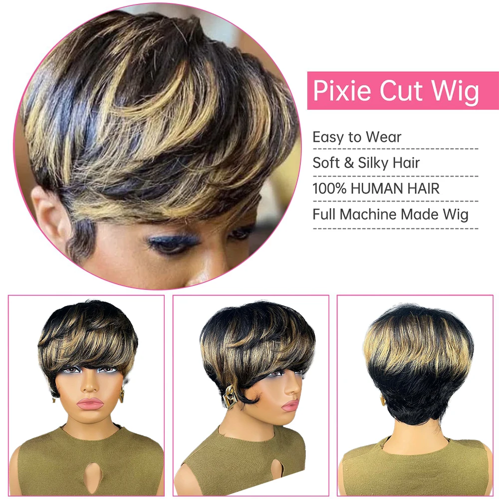 باروكات شعر طبيعي مفرود، شعر مستعار بقص عابث، أشقر، تسليط الضوء على شعر مستعار قصير الطبقات مع غرة تم قطعه مسبقًا للنساء ذوات البشرة السمراء، مصنوع آليًا