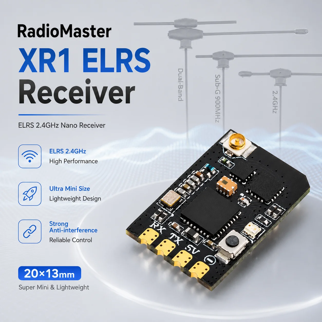 Récepteur RadioMaster XR1 ELRS 2,4 GHz, antenne simple ou double bande, haute fiabilité, 100 mW RX pour drone de course FPV