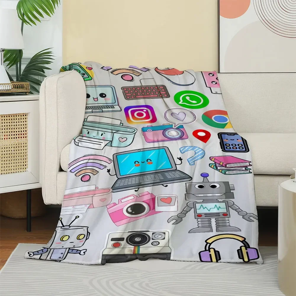 Kawaii Laptop Phone Pattern Flannel printed blanket suitable for all seasons suitable for living room office sofa and travel