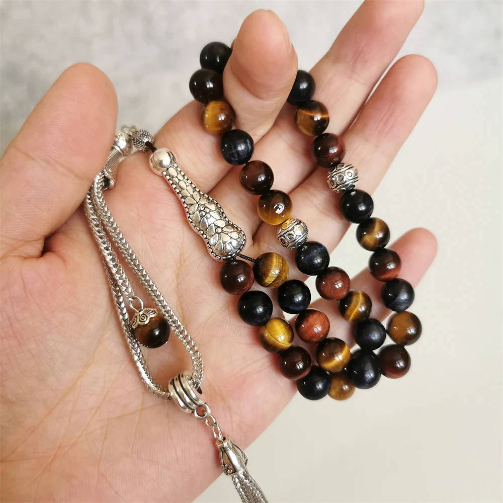 

Камень тигровый глаз Tasbih, натуральные разноцветные бусины ручной работы, мусульманские четки, новый дизайн, серебряная кисточка tasbeeh