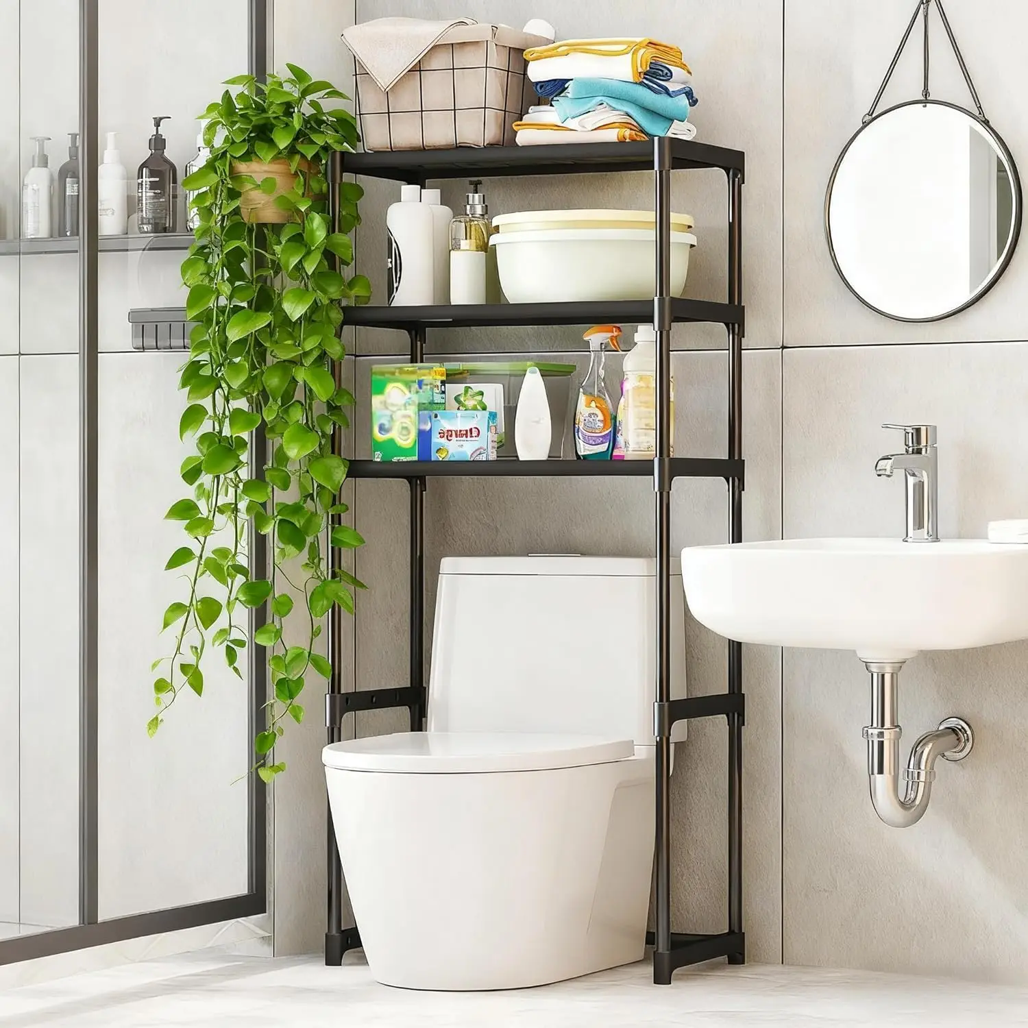 HiMiss Platzsparendes 3-stöckiges Badezimmerregal über der Toilette, freistehendes wasserdichtes Metall-Aufbewahrungsregal - Einfach zu montierender Organizer
