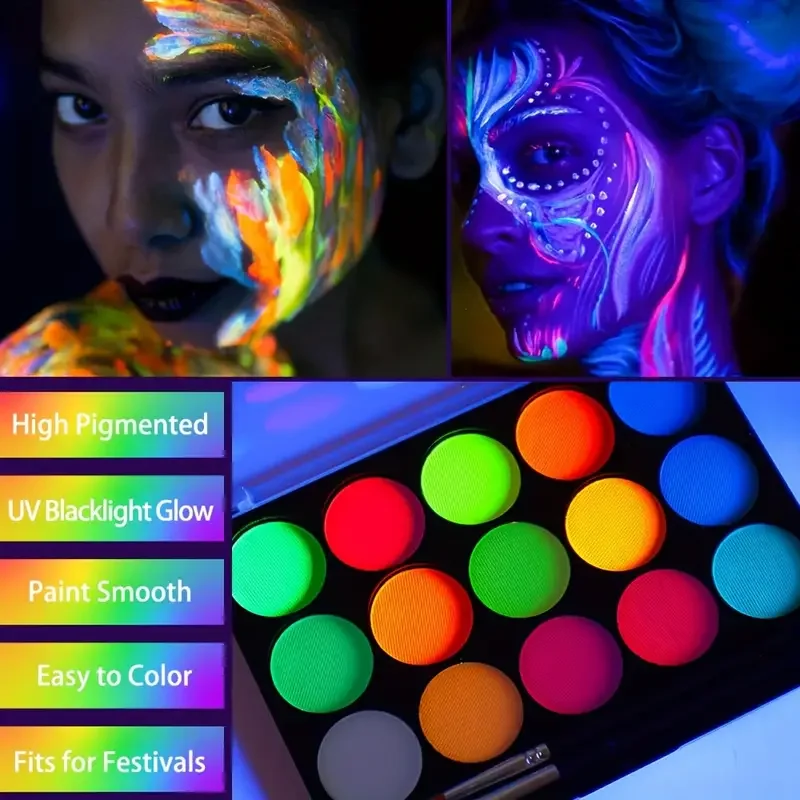 ภาพวาดบนใบหน้า, 15 สีสดใสนีออนเรืองแสงจานสีร่างกาย, อายไลเนอร์ที่เปิดใช้งานด้วยน้ํา, แต่งหน้าด้วยน้ําเรืองแสงในที่มืดฮาโลวีนล้างทําความสะอาดได้