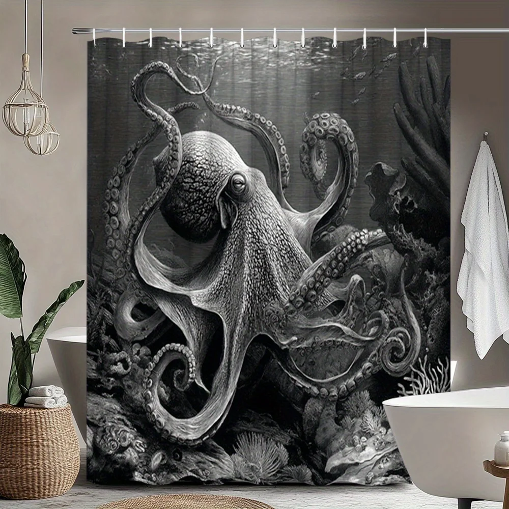 1pc Octopus Engraving Shower Curtain - Vintage Marine Art, 70.8x70.8 Inch, Polyester, with 12 Hooks, for Bathroom Decor, Home Ac