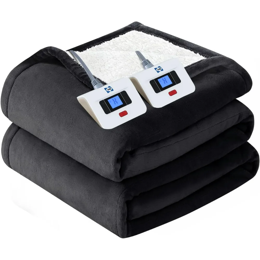 Electric Blanket King Size, Flannel & Sherpa Heated Blanket with 10 Heating Levels & 1-12 Hours Auto Shut Off, Machine Washable