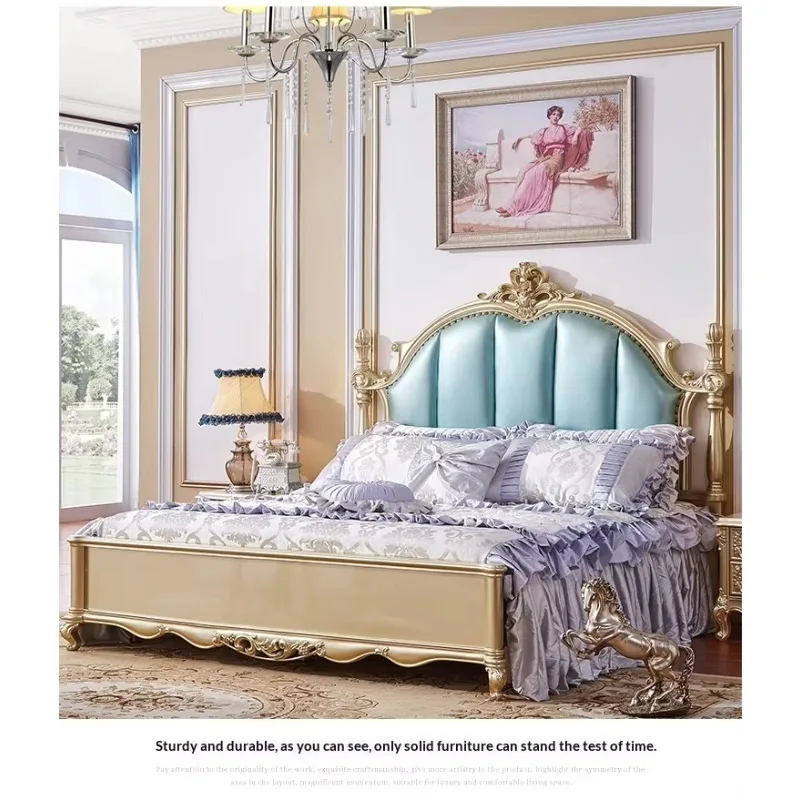 Royal Court European Style Champagne Gold Leather Double Bed 1.5m/1.8m Princess Solid Wood Customizable Bedroom Set for Villa