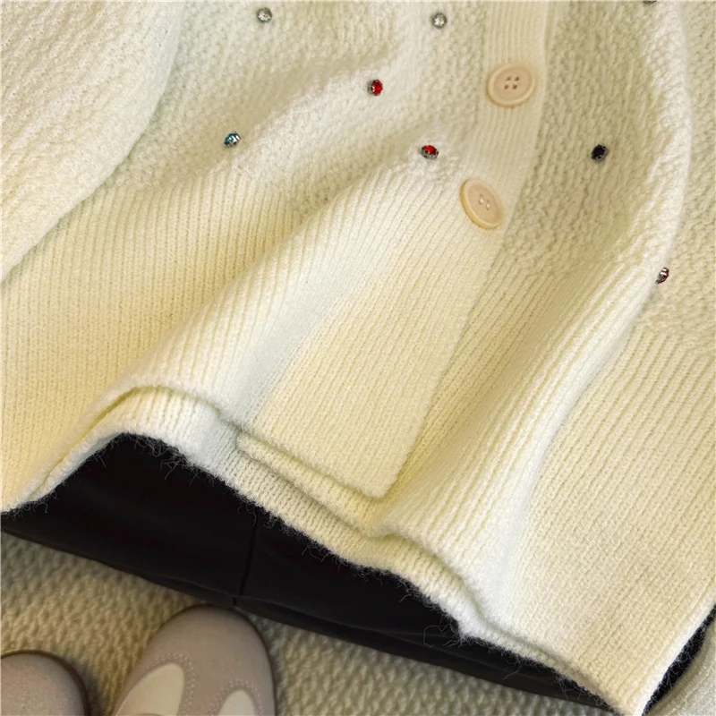 Cárdigan de punto con diamantes coloridos y cuello redondo para mujer, suéter elegante francés suave con una botonadura, prendas de vestir exteriores, Tops sueltos, moda de otoño