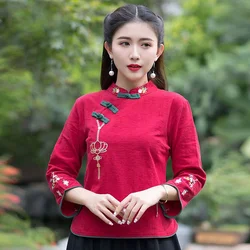 Tang Suit Female Chinese Traditional Costume Ethnic Linen Clothing for Women Long Sleeve Tops Hanfu Female Chinese Style Top