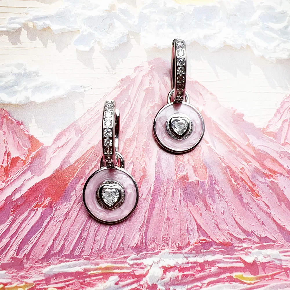 

Серьги-кольца с розовым сердцем в Европе, летние ювелирные изделия для женщин, романтический подарок любви из настоящего серебра 925 пробы