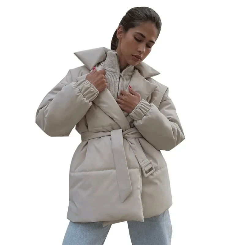 Collar Cotton Jacket European and American 2024 Winter New Item Thick Waisted Cotton Jacket Solid Color Belt Cotton Jacket