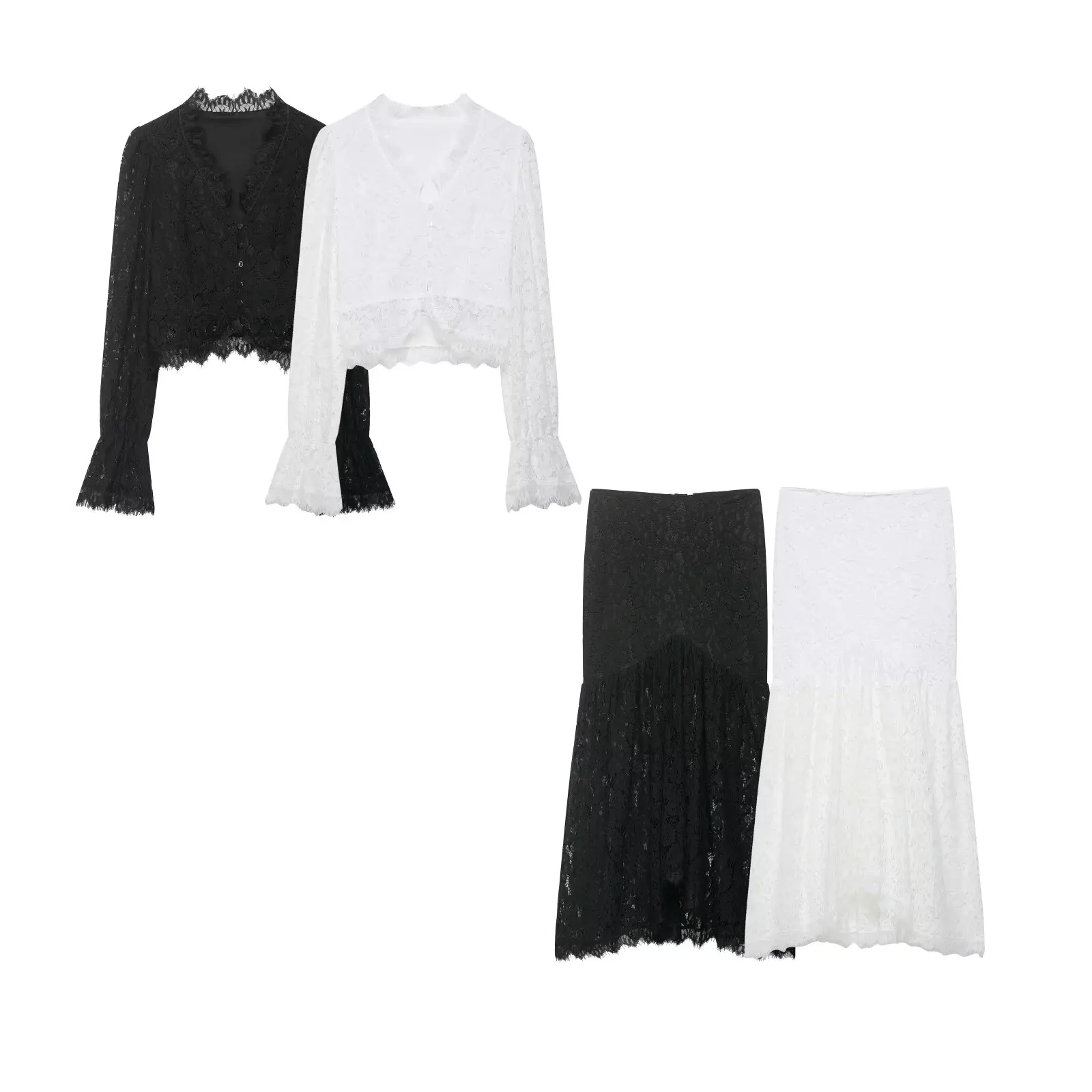 

Women's European & French Style Solid Lace Hollow Out V-Neck Long Sleeve Top & Skirt Set