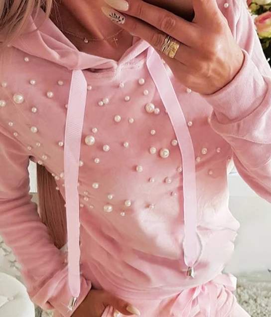 Summer New Pink Bubble Bead Decoration Set Casual 2 pezzi Sweet and Elegant Style pendolare felpa con cappuccio e pantaloni Set per le donne