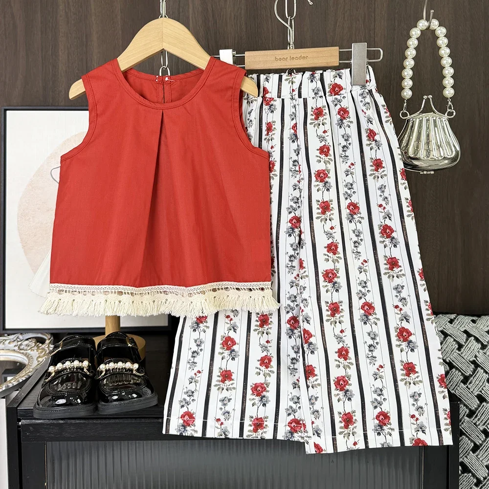 Summer Casual Girls Clothes Korean Version Fashion Simple Children Red Sleeveless Tassel Top+Flower Print Pants 2 Pcs Suit