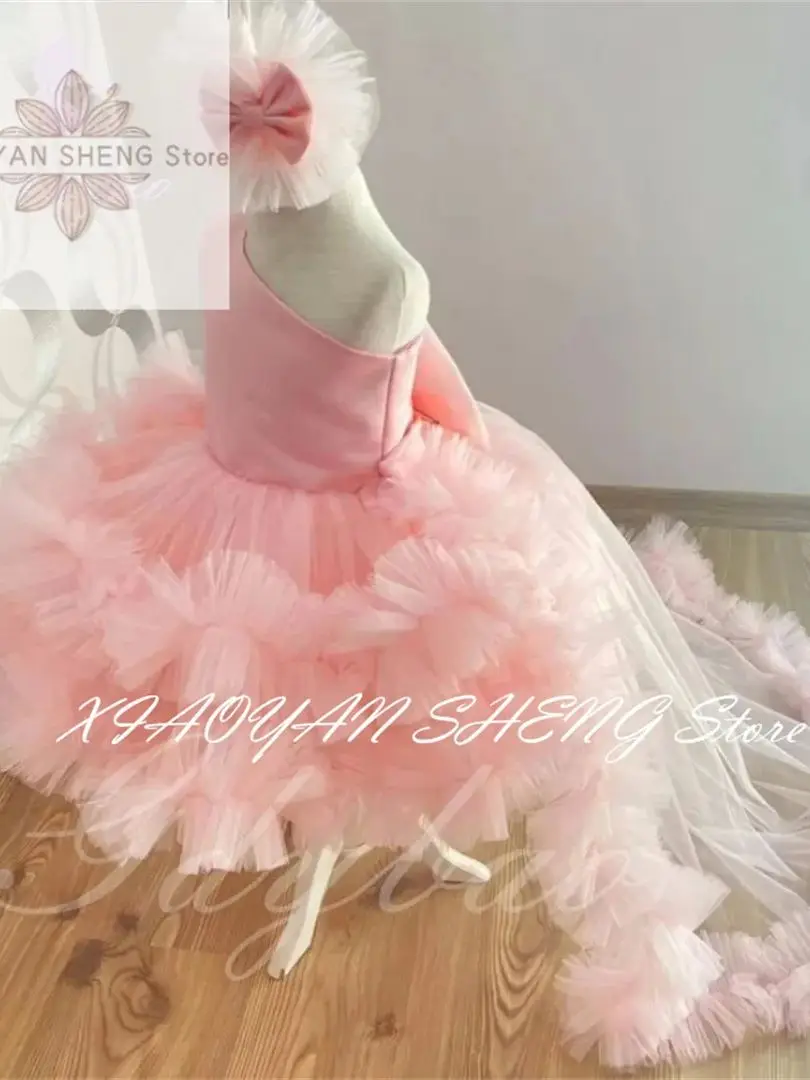 Vestido rosa plisado de flores para niña, para boda, volantes, tul, hinchado hasta la rodilla, con cola, desfile, elegante vestido de fiesta de cumpleaños para niño