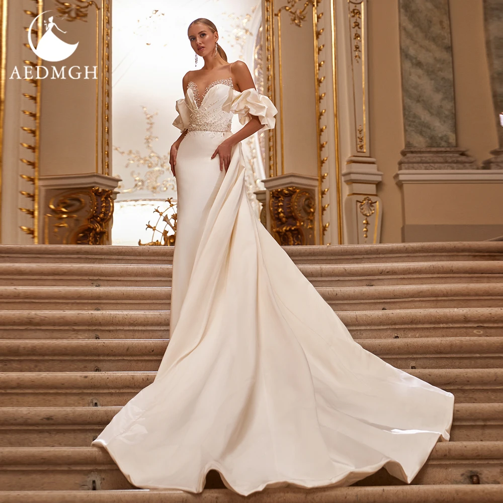 

Свадебное платье Aedmgh «Русалка» с вырезом «сердечко», открытыми плечами, со съемным шлейфом, из матового атласа, на заказ