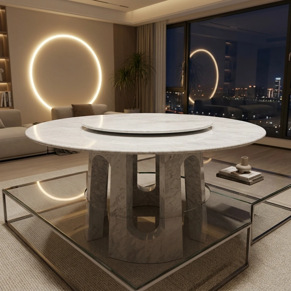 Other Homes Marble Round Medium-flower White Dining Table with Rotating Center Modern Minimalist Style Customizable for Home Use