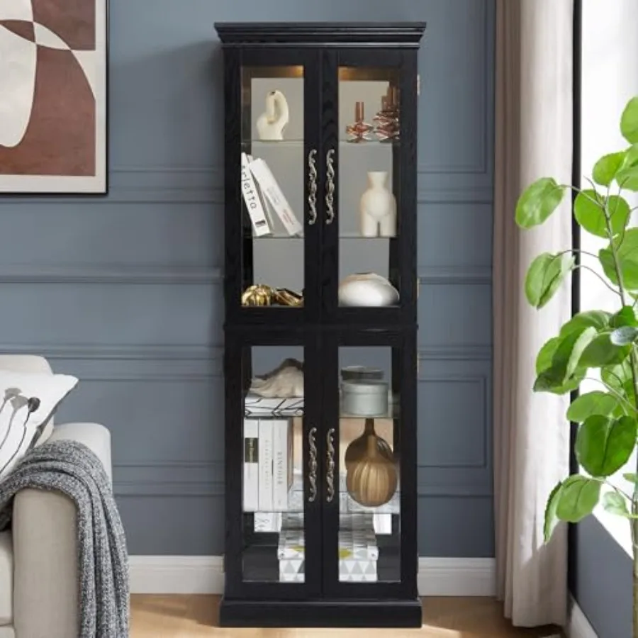 Lighted curio cabinet for living room: vintage wood finish, adjustable shelves, 4 tempered glass doors, bulb included, ideal fo view 3