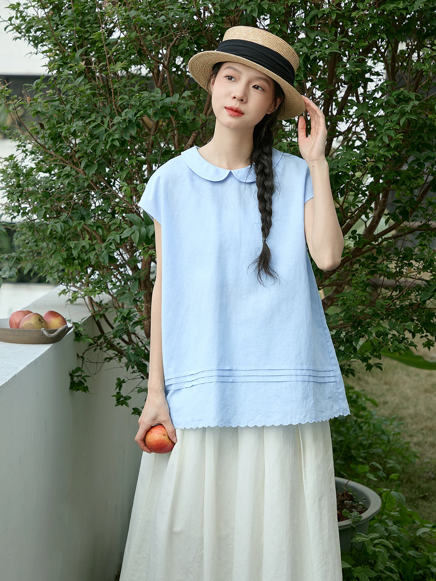 

Loose Cotton Linen Blue Shirt Women's Summer Casual Fashion Doll Collar Cover Shoulder Sleeve Top Breathable Comfortable Shirt