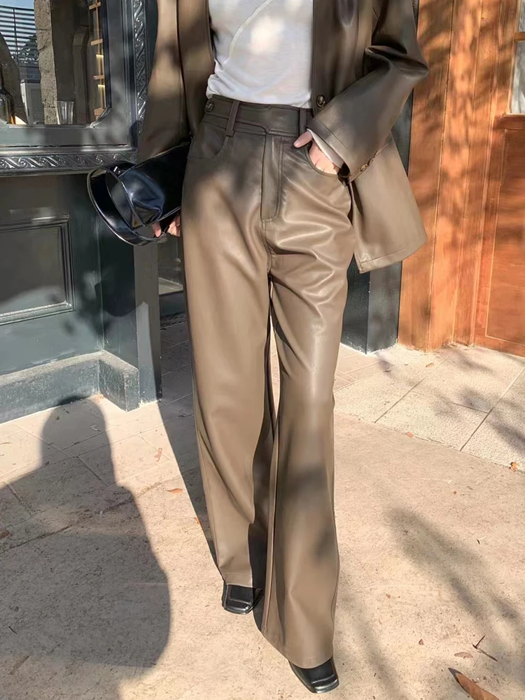 TWOTWINSTYLE Casual PU Leather Wide Leg Pants For Women High Waist Loose Solid Minimalsit Casual Trousers Female Clothing 2022