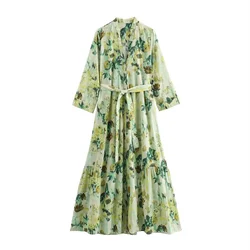 PB&ZA2024 Summer New Product Casual Women's Fashion Elegant V-neck Long sleeved Printed Belt Design Midi Dress