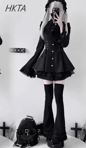 

Mine Series Mass-produced Lace Horn Sleeve Saliva Towel Dress Set Girl Lolita Goth Dark Shirt Dress Shorts 2-piece Women Outfits