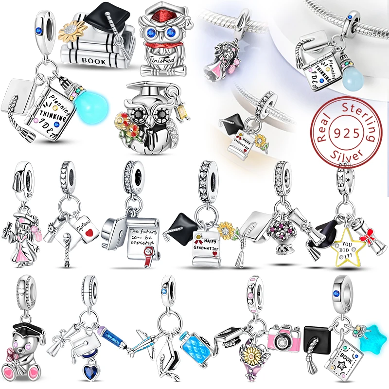 S925 Silver Color Graduation Certificate Bachelor's Hat Graduation Series Charms Beads Fit Pan Original Bracelets DIY Jewelry