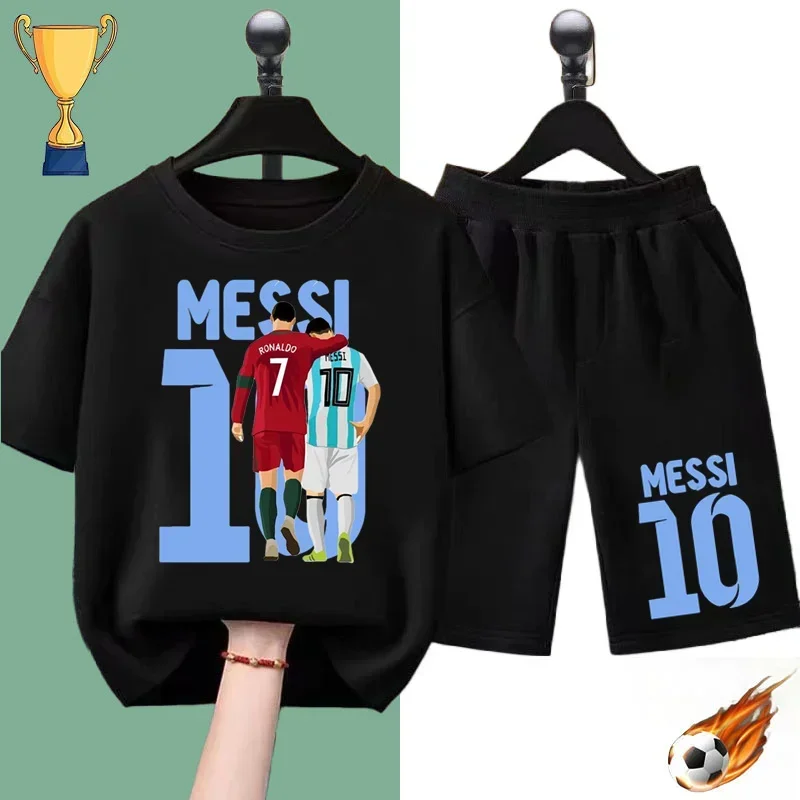 

Summer Kids T-shirt Soccer star Messi Print Sports Boys Girls Casual short sleeve shorts Fashion Black shirt Sports shirt set