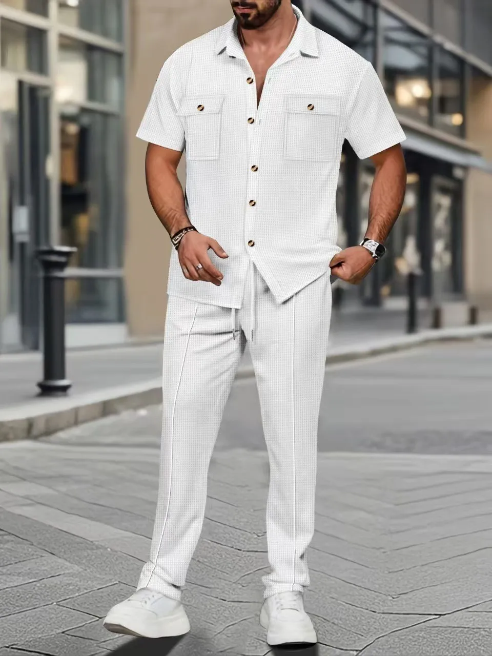 Conjunto de Dos Piezas para Hombre, Camisa Casual de Verano con Bolsillo, Manga Corta, Pantalones Largos, Color Liso, Cierre de Botones, Ropa Deportiva Blanca