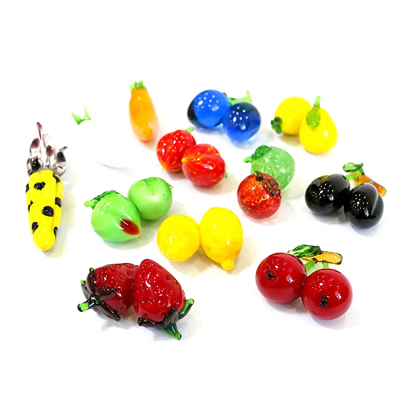 New Cute Glass Fruit Vegetable Mini Statue Creative Lemon Plum Pear Peach Strawberry Apple Hawthorn Cherry Carrot Corn Ornaments