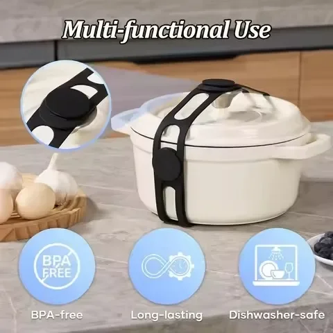Reusable Silicone Lid Strap, Universal Elastic Band for Pots Pans Crockpot Casserole Lunch Box Easy Transport Box fixing strap