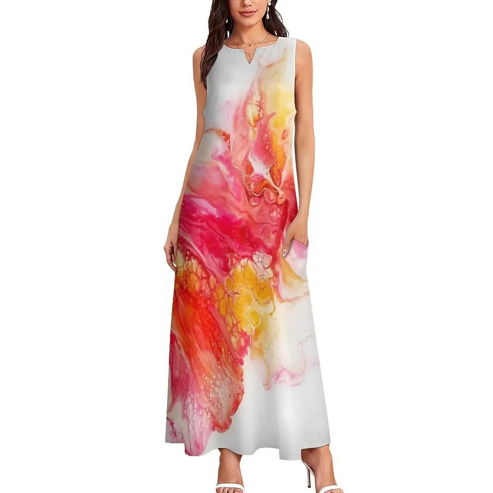 เดรสยาวสีชมพูสดใสสำหรับผู้หญิง ชุดเดรสฤดูร้อน ชุดเดรสออกงาน ชุดเดรสหรูหราสำหรับผู้หญิง ชุดเดรสสำหรับงานพรอม