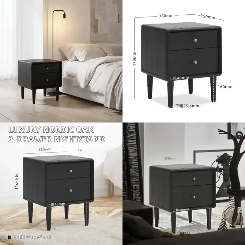 Modern Oak 2 Drawer Solid Wood Nightstand Luxury Bedside Table for Bedroom Living Room Apartment Furniture Storage End Table