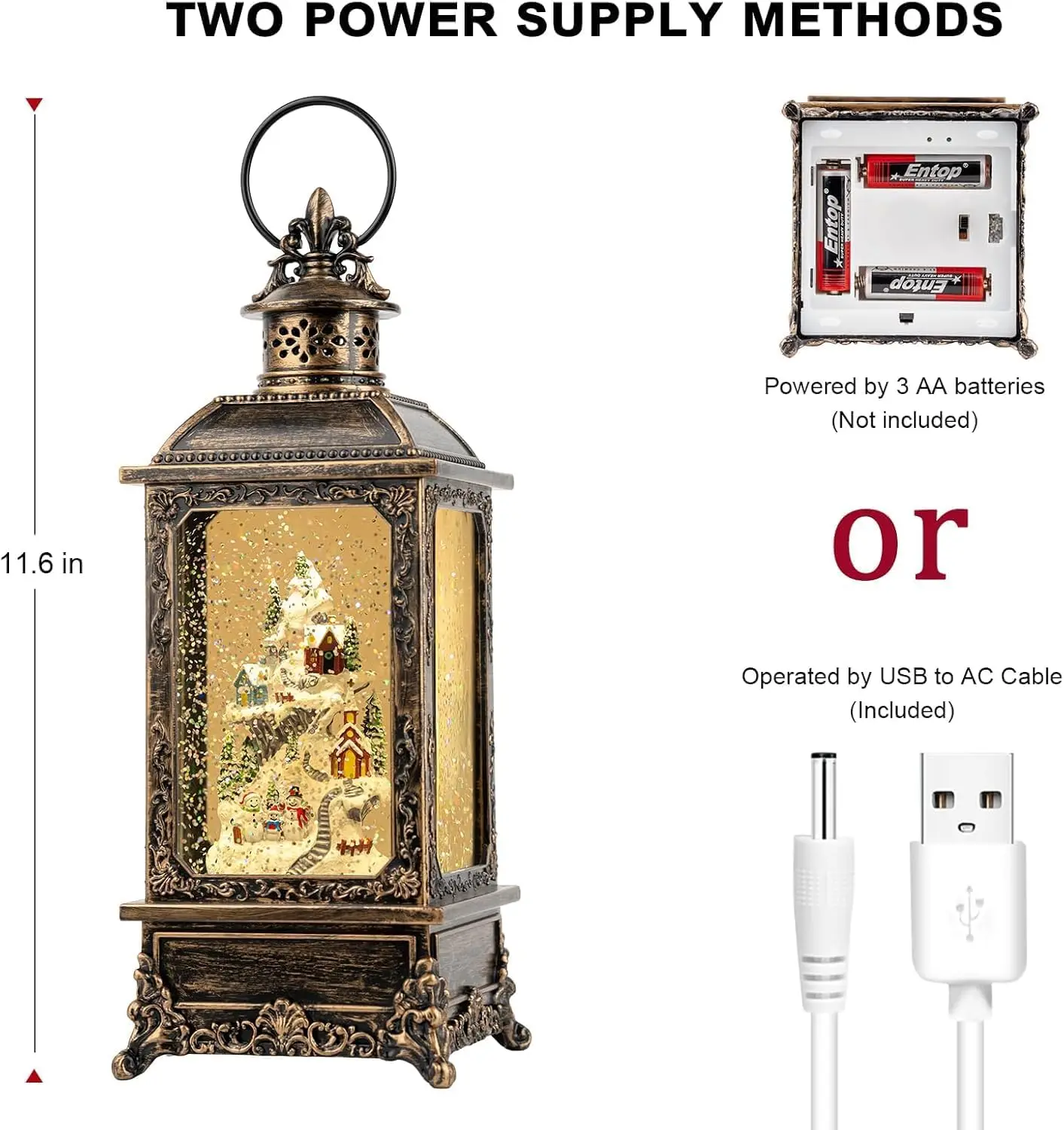 فانوس عيد الميلاد على شكل كرة أرضية ثلجية مع موسيقى ومؤقت، فانوس مضاء مبطن/تشغيل USB لتزيين مهرجان عيد الميلاد