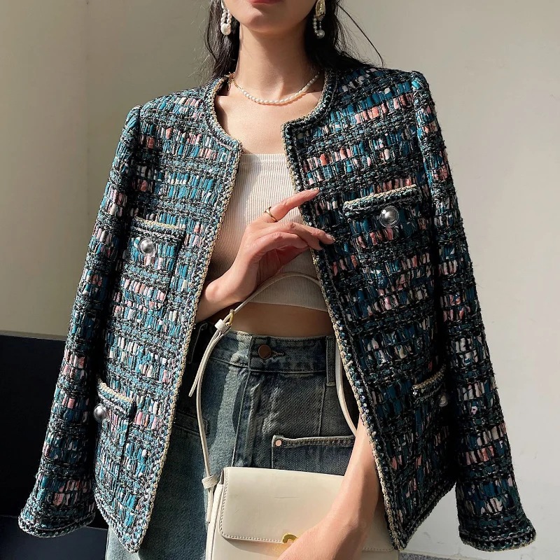 

Autumn New High Quality French Elegant Round Neck Tweed Jacket Small Fragrance Elegant Long Sleeves Loose Woven Women Jacket