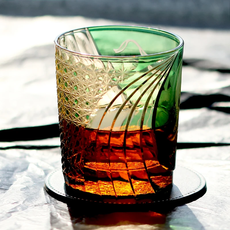 Amber Green Hand Cut Whiskey Glass, Edo Kiriko Style 8.5 oz blue amber layered glass for old fashioned, bourbon scotch home bar