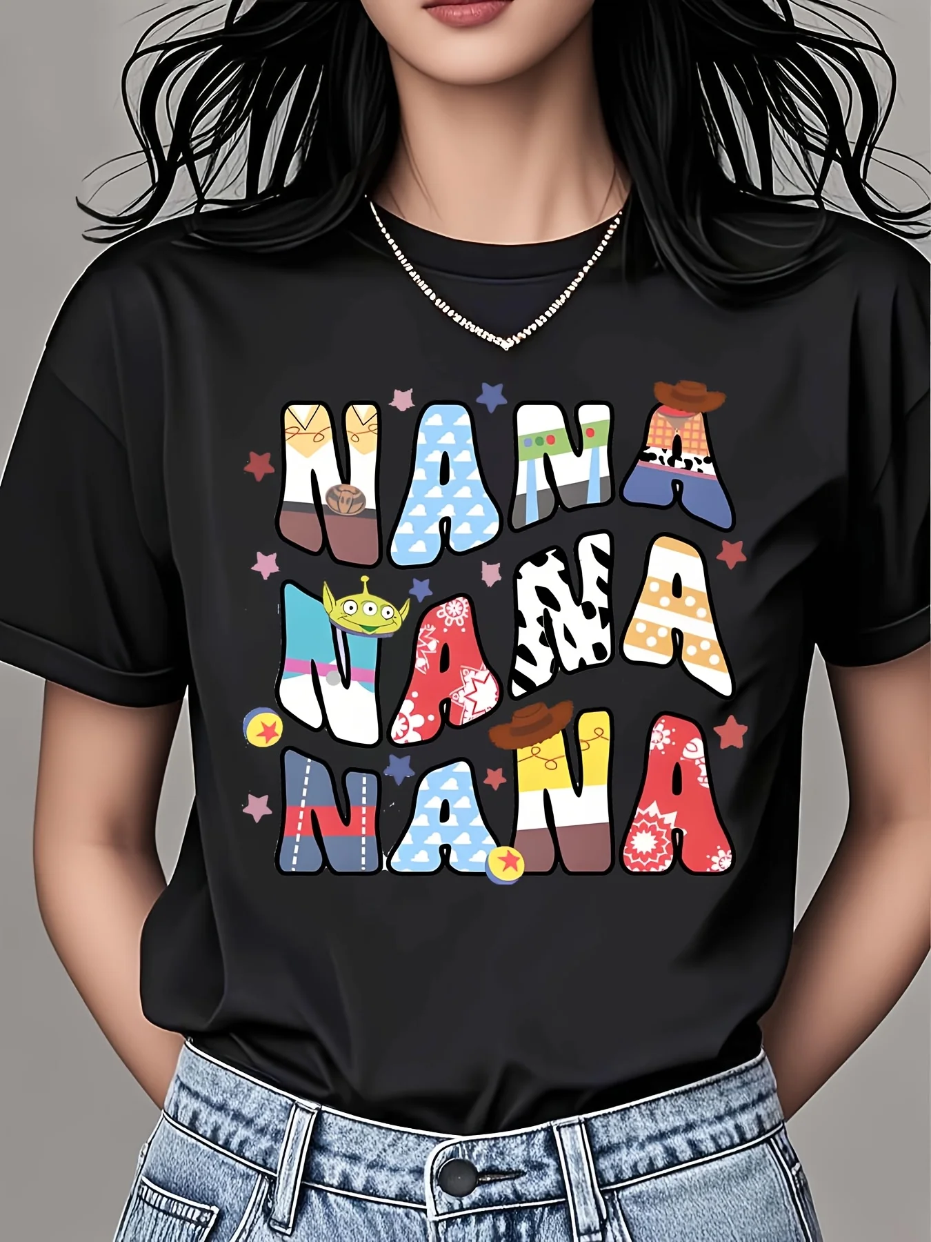 

Disney Women's "Nana" Pattern T-shirt - Toy Dynamic Design Color Printed Casual Short Sleeve Casual Wear Sports and Leisure