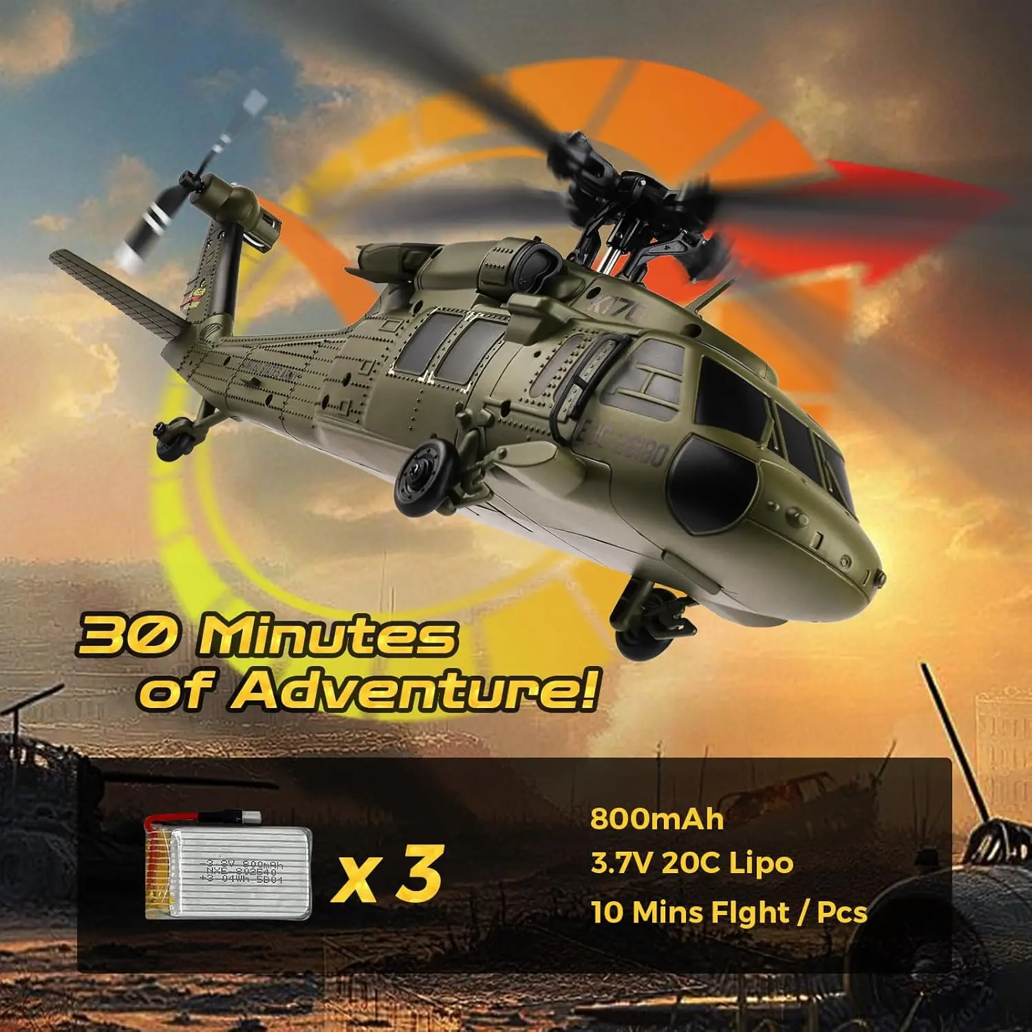 WLtoys K170 Bürstenloser 4-Kanal-RC-Hubschrauber, UH60L Black Hawk im Vollformat, 6-Achsen-Gyroskop, One Key Take-Off/Landing mit 3 Batterien