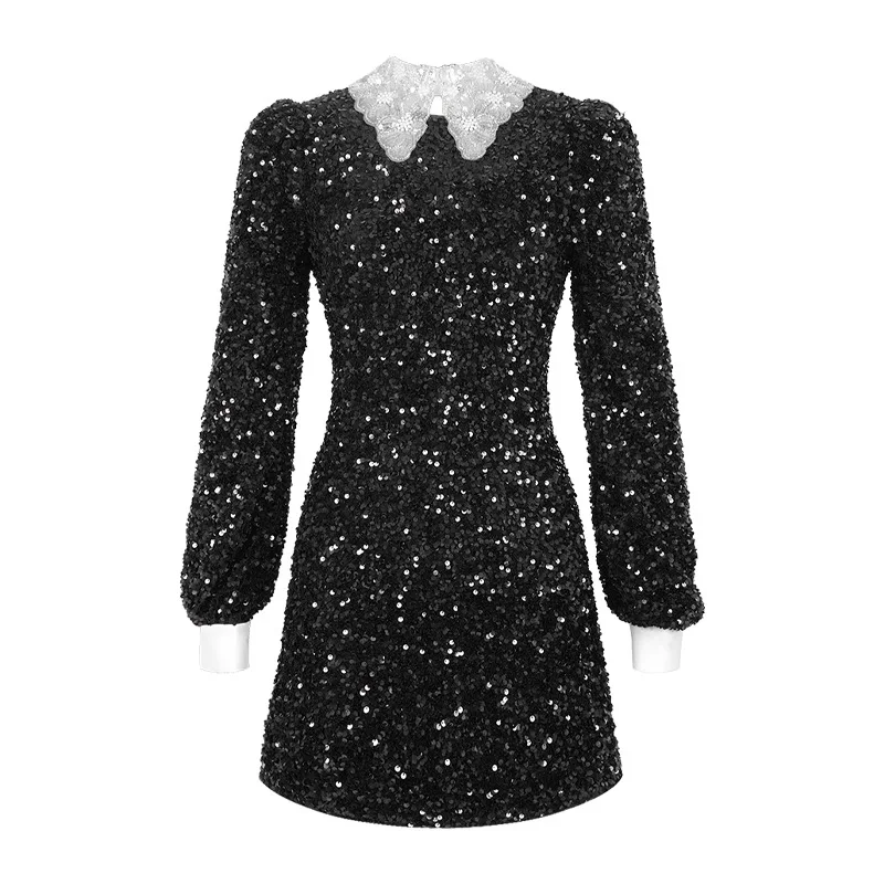 2024 Autumn/Winter New Style Doll Collar Slimming Hip Wrapping Glitter boho dress  Regulai Fit  vestido