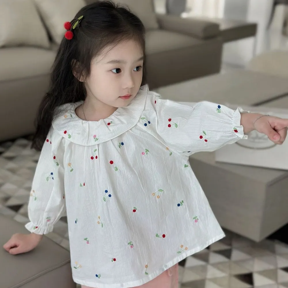 

Autumn baby girl clothes kids tops cotton whiter t-shirt Colorful cherry embroidered lotus leaf lapel top