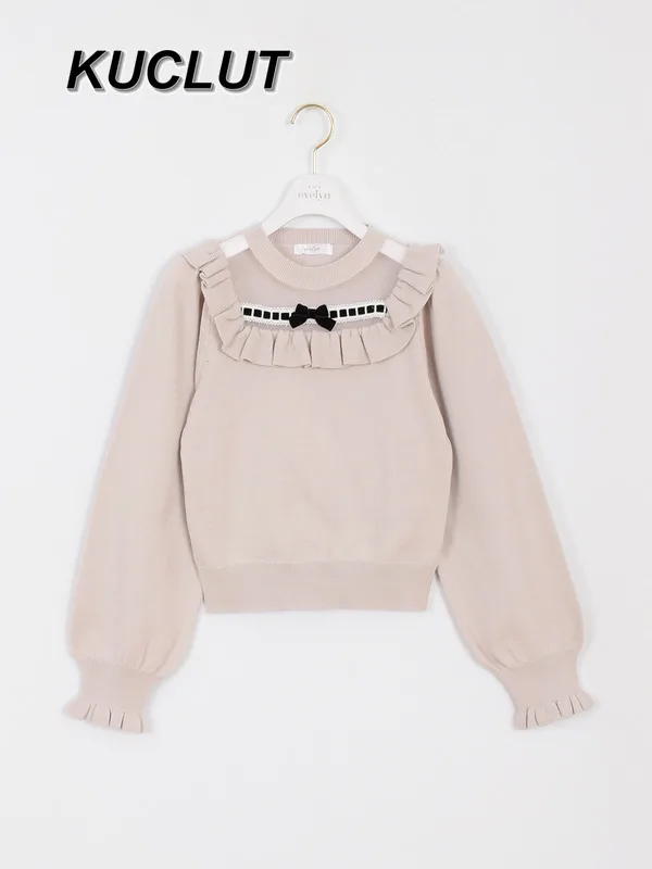 Jersey de estilo japonés con cuello con volantes, suéter con mangas abullonadas, Top ajustado de manga larga, suéteres de punto para Otoño e Invierno para mujer