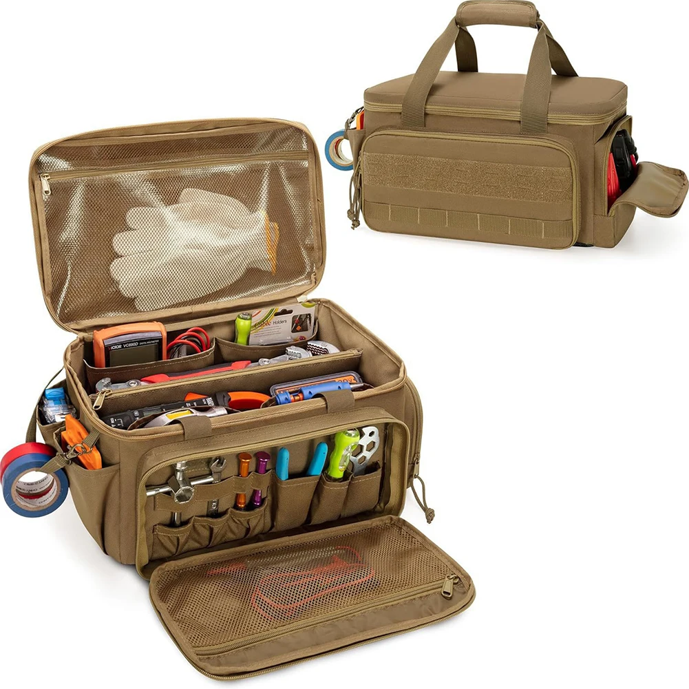 Black Khaki 14 Inch Tool Bag With Interior Pockets And Elastic Holders Multifunctional Work Bag For Construction And Repair