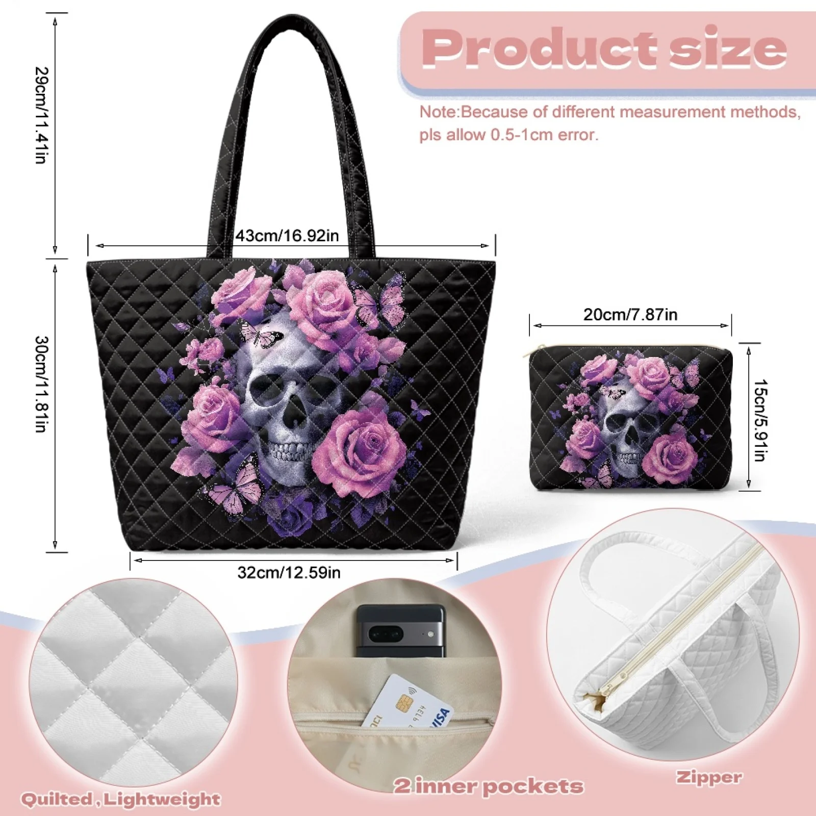 Coloranimal Starfish Seashell Set 2 Piece Quilted Shoulder Bag Inner Pockets Tote Bag with Matching Cosmetic Bag for Activities