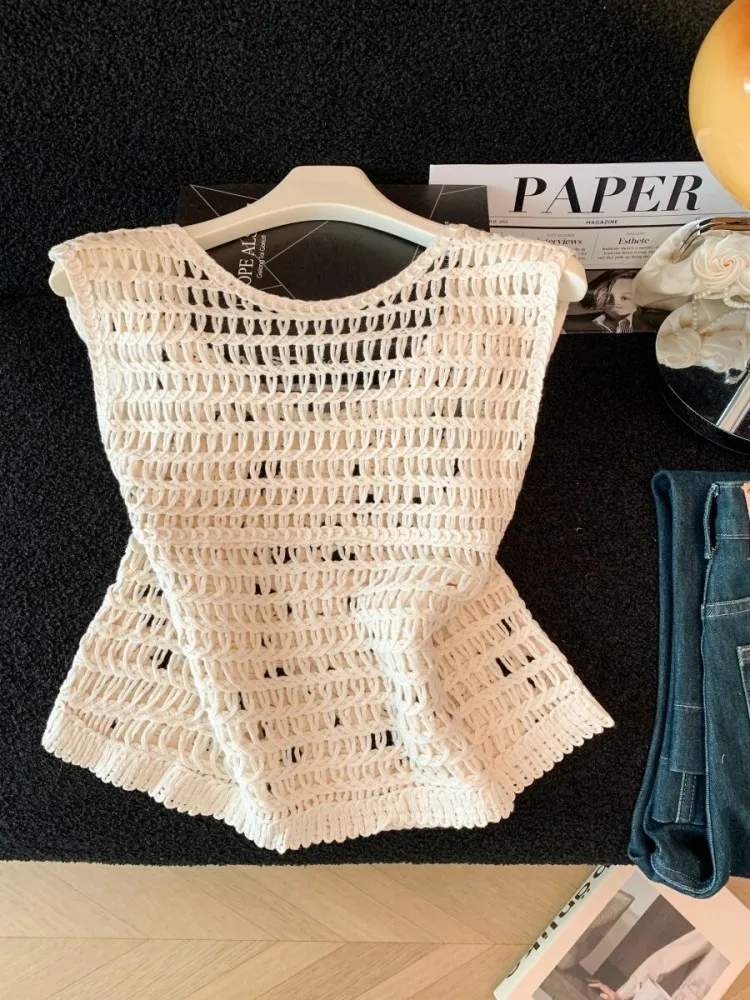 Hot Sale Summer Women Hook Flower Hollowed Out Tees O Neck Sleeveless One Size Pullover Tank Tops Retro Korean Style Crop Top