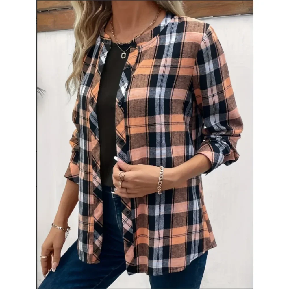 Plus Size Women's Fashion Button Plaid Long Sleeve Round Neck Blouse ladies Casual Shirt