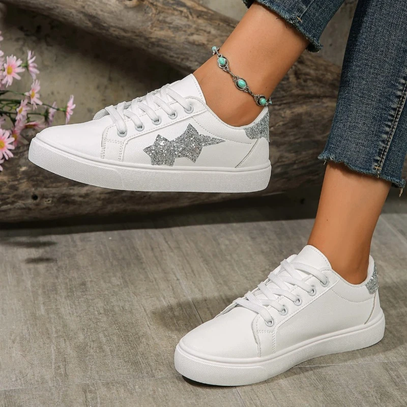 Spring Autumn Casual Flat White Shoes Star Pattern Lace-up Vulcanized Shoes Comfortable Breathable Fashion Sequins Student Shoes