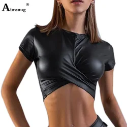 Aimsnug Women Elegant Fashion Skinny Criss-cross T-shirt Women's Short Sleeve Tees Clothing 2025 New Sexy Pu Leather Crop Tops