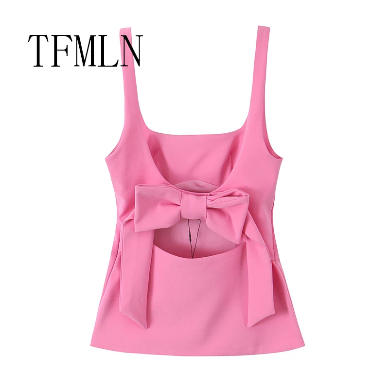 TFMLN جديد الصيف النساء عارية الذراعين القوس القمم موضة ساحة الرقبة سليم تانك القمم الصلبة بروتيل Y2k سترات البنطال القصير ملابس امرأة