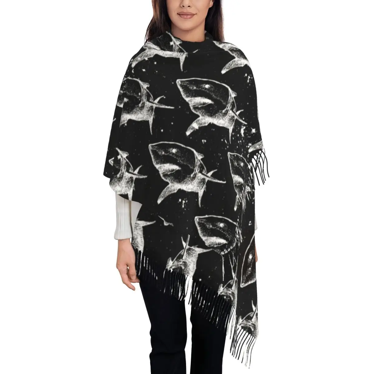 Shark Hand Drawn Underwater World Ocean Sea Marine Organism Shawls Wraps for Ladies Long Soft Scarf Neckerchief Shawl Scarves
