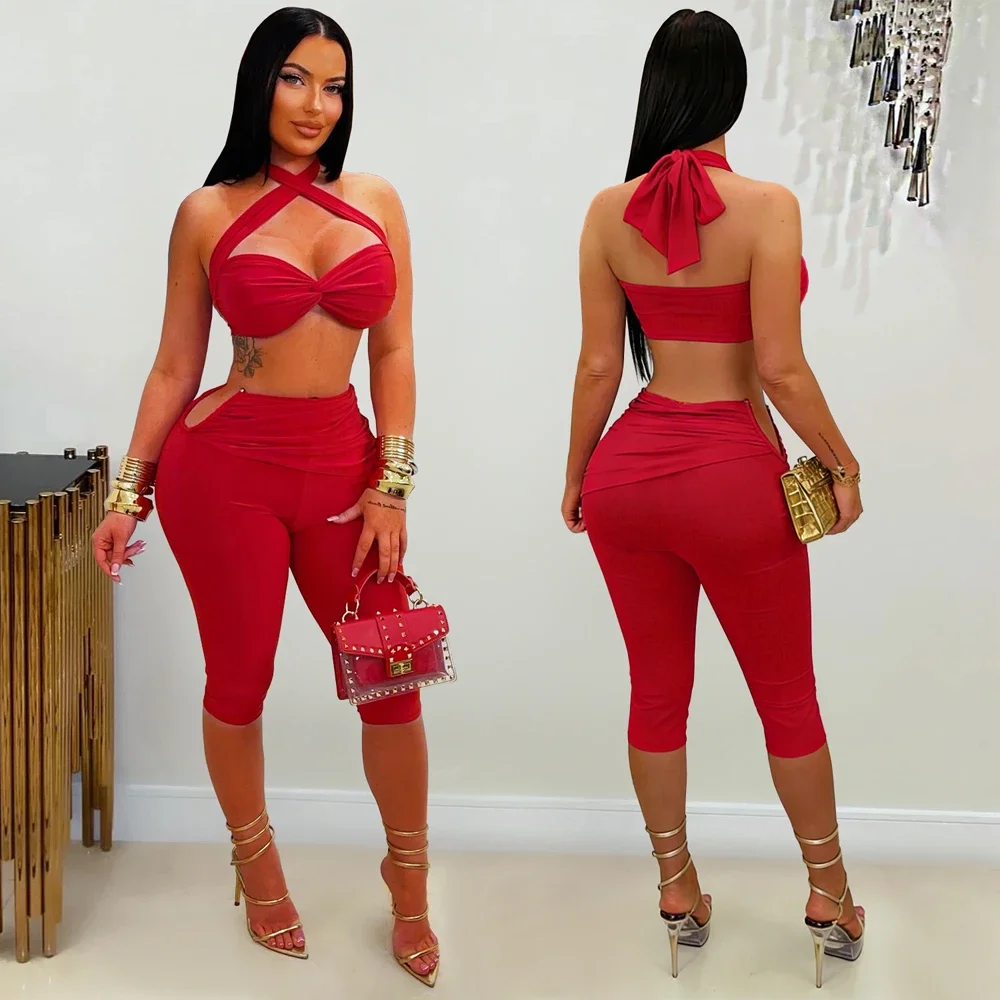 Women Halter Crop Top And High Waist Capri Pants Set Crisscross Front Bodycon Party Clubwear Outfit